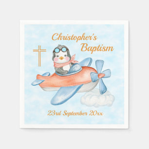 Serviette En Papier Aquarelle Baptême mignonne Bébé Penguin avion