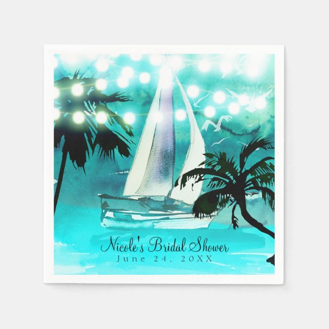 Serviette En Papier Aquarelle Bateau à voile Palmiers et lumières à co (Devant)