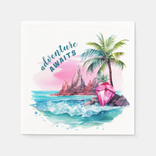 Serviette En Papier Aquarelle Belle Plage Palm Tree Vue sur la montagn