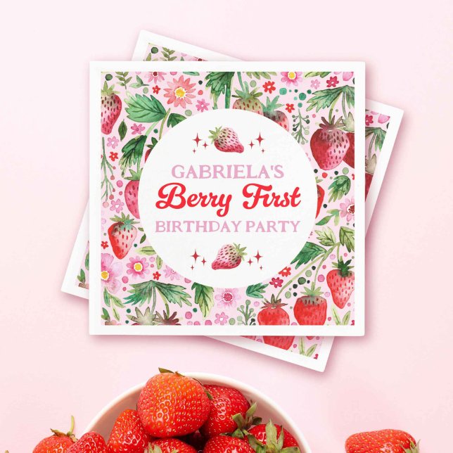 Serviette En Papier Aquarelle Berry fraise 1er anniversaire filles (Watercolor Strawberry Berry 1st Birthday Girls Napkins)