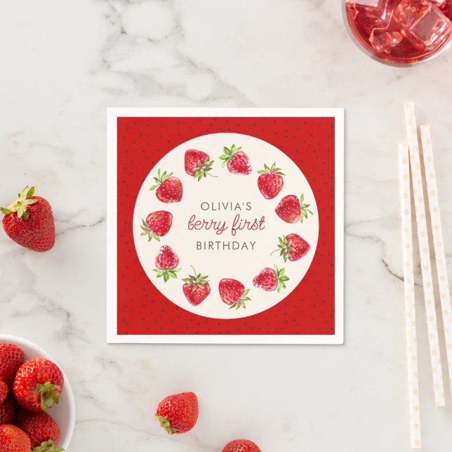 Serviette En Papier Aquarelle Berry fraise Premier 1er anniversaire (En situation)