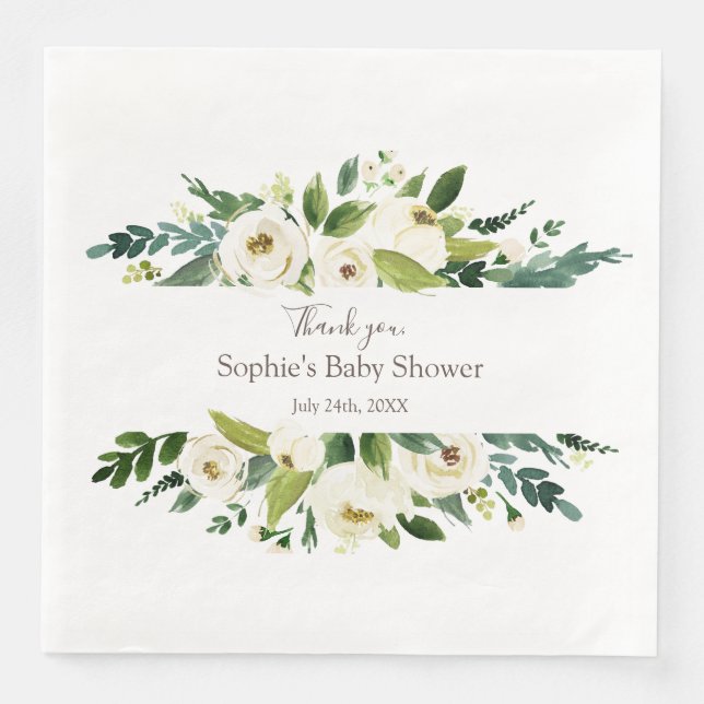 Serviette En Papier Aquarelle Blanc BABY SHOWER de cadre Floral (Devant)