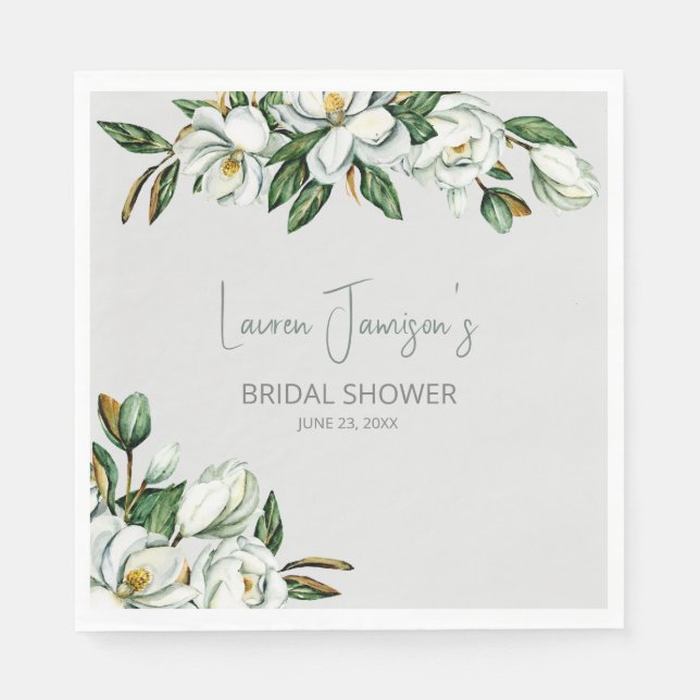 Serviette En Papier Aquarelle blanche Magnolia Fête des mariées verte (Devant)