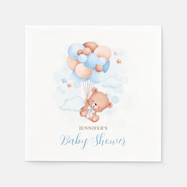 Serviette En Papier Aquarelle Bleu Ballons Baby shower Ours en Teddy (Devant)