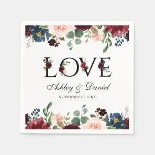 Serviette En Papier Aquarelle Bleu Bourgogne Floral Love Mariage