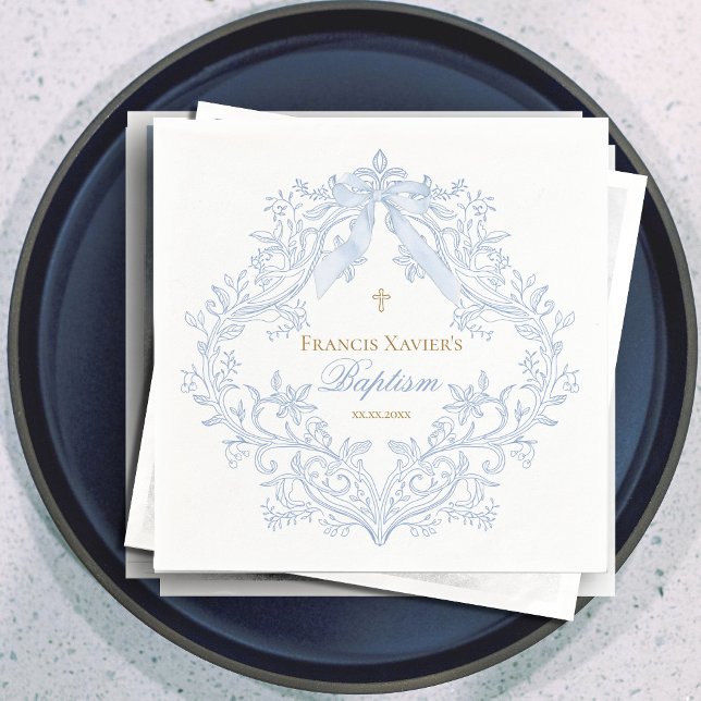 Serviette En Papier aquarelle bleu crête bébé garçon Baptême (Créateur téléchargé)
