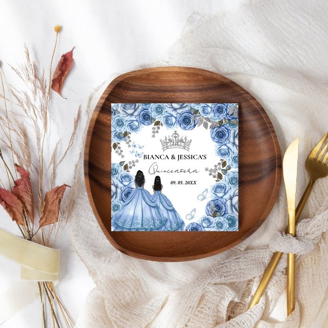 Serviette En Papier Aquarelle bleu Dusty Floral Twin Quinceañera (Créateur téléchargé)