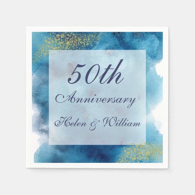 Serviette En Papier Aquarelle Bleu et Or 50e anniversaire Mariage (Devant)
