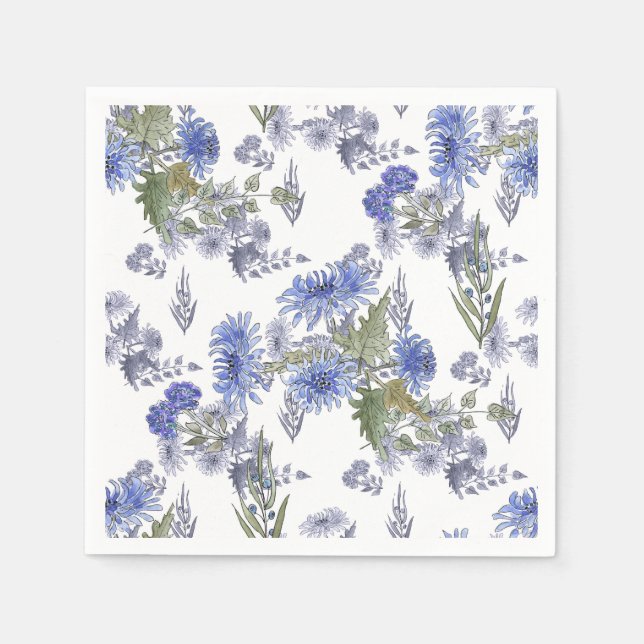 Serviette En Papier Aquarelle bleu fleurs roses plumes blanc (Devant)