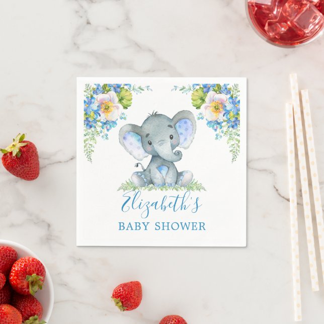 Serviette En Papier Aquarelle Bleu Floral Baby Elephant Baby shower (En situation)