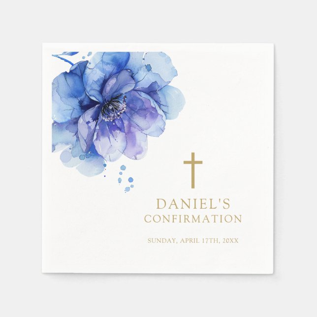 Serviette En Papier Aquarelle bleu foncé moderne Confirmation florale (Devant)