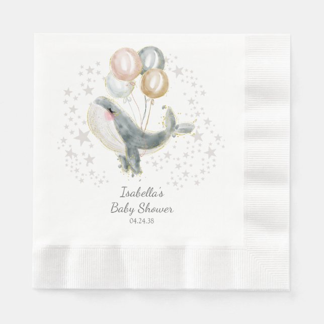 Serviette En Papier Aquarelle bleu gris or Baby shower mou baleine (Devant)