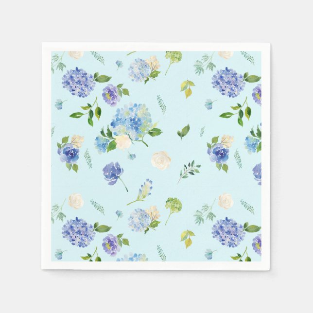 Serviette En Papier Aquarelle Bleu Hydrangée et Rose motif floral (Devant)