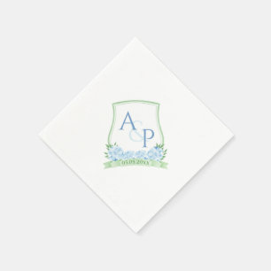 Serviette En Papier Aquarelle Bleu Hydrangée Vert Mariage Monogramme