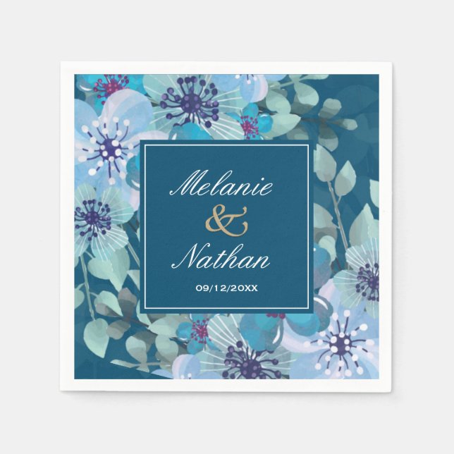 Serviette En Papier Aquarelle bleu marine et bleu clair Floral Élégant (Devant)