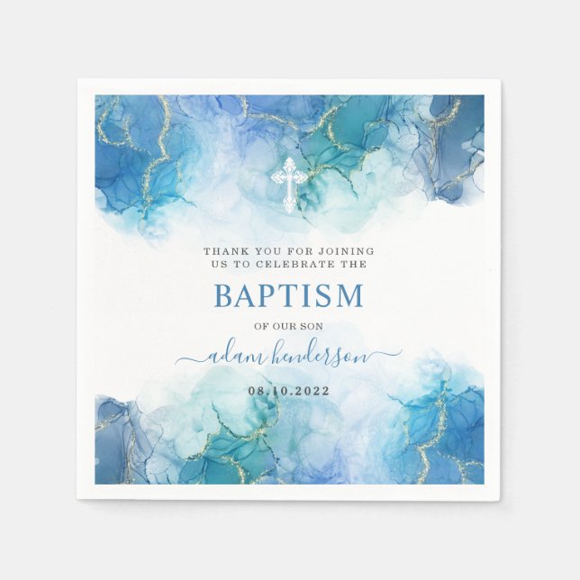 Serviette En Papier Aquarelle bleu moderne Boy Baptême Merci (Devant)