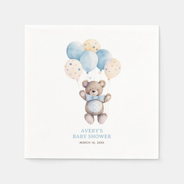 Serviette En Papier Aquarelle bleu Teddy Bear Baby shower garçon (Devant)