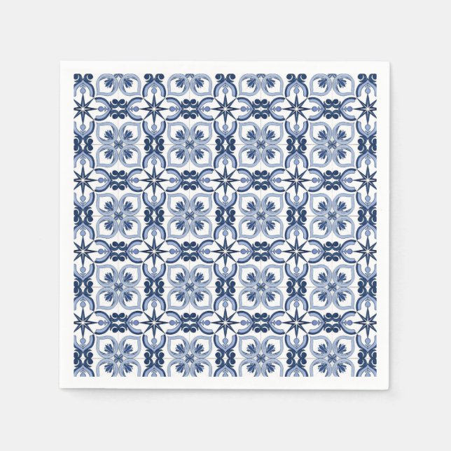Serviette En Papier Aquarelle bleue Carrelage méditerranéen (Devant)