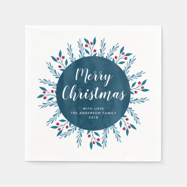 Serviette En Papier Aquarelle bleue de Noël personnalisée Floral (Devant)