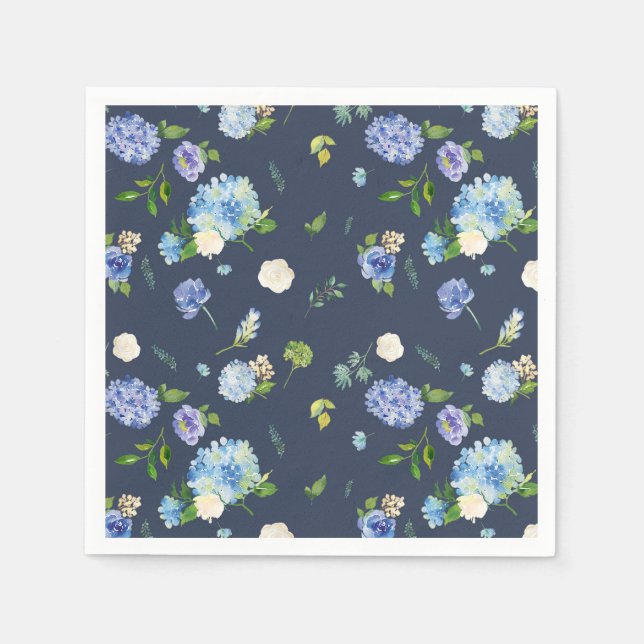 Serviette En Papier Aquarelle bleue Hydrangea et Rose motif floral (Devant)
