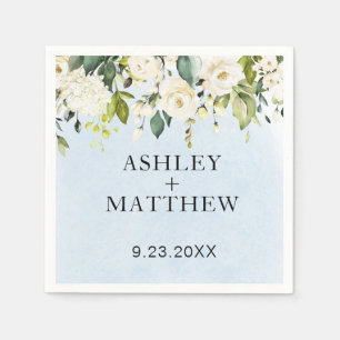 Serviette En Papier Aquarelle Bleue Rose Blanche Élégant Mariage servi
