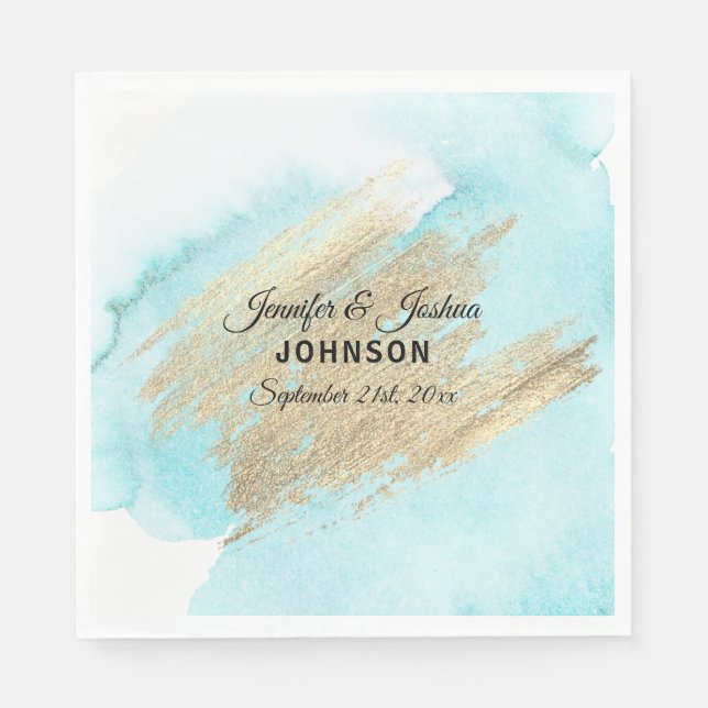 Serviette En Papier Aquarelle Blue Beach Water Turquoise Gold Mariage (Devant)