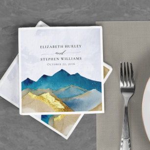Serviette En Papier Aquarelle Blue Gold Foil Mountain Mariage extérieu