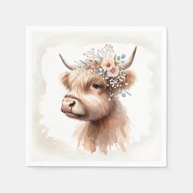 Serviette En Papier Aquarelle Boho Highland Vache avec fleurs nuptiale (Devant)