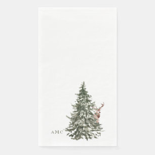 Serviette En Papier Aquarelle Bois Arbre et Monogramme de cerfs Noël