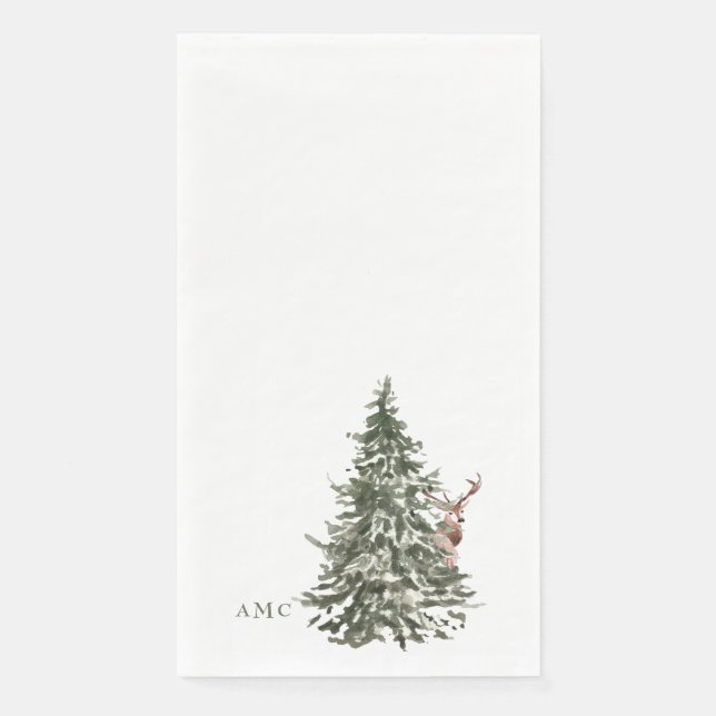 Serviette En Papier Aquarelle Bois Arbre et Monogramme de cerfs Noël (Devant)