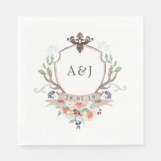 Serviette En Papier Aquarelle Bois Laurel Crest Monogramme Mariage (Devant)