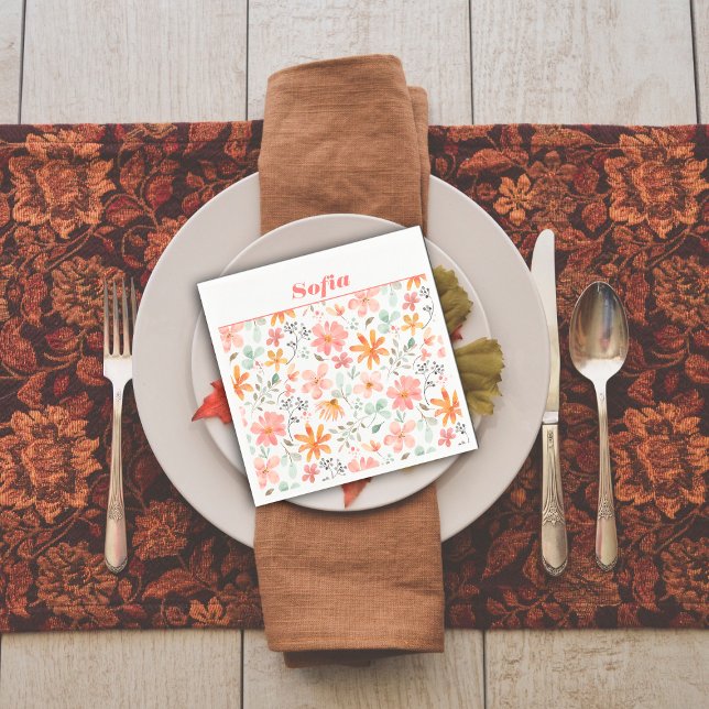 Serviette En Papier Aquarelle botanique motif personnalisé rose blanc (Créateur téléchargé)