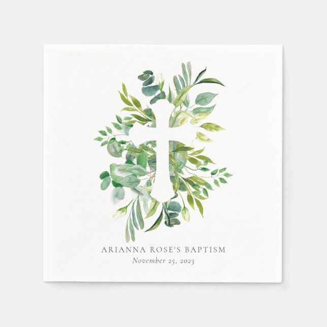 Serviette En Papier Aquarelle Botanique Verdure Croix Baptême (Devant)