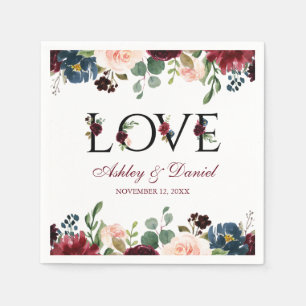 Serviette En Papier Aquarelle Bourgogne bleu Floral Mariage