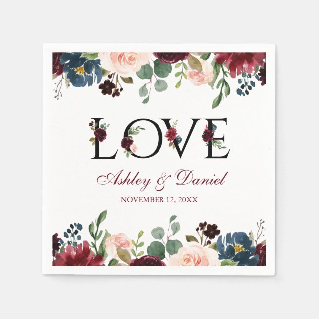 Serviette En Papier Aquarelle Bourgogne bleu Floral Mariage (Devant)