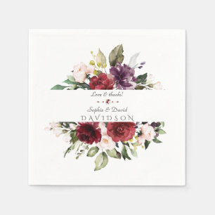Serviette En Papier Aquarelle Bourgogne Blush Flowers Mariage de cadre
