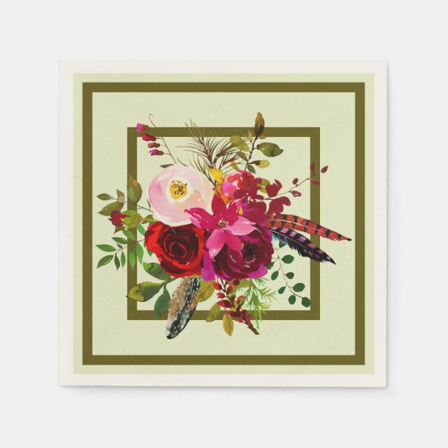 Serviette En Papier Aquarelle Bourgogne Fleurs et plumes (Devant)