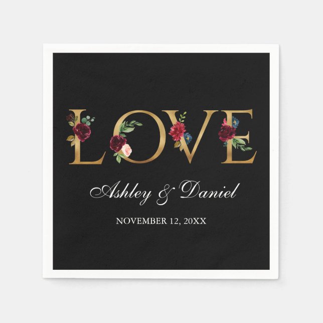 Serviette En Papier Aquarelle Bourgogne Floral Black Gold Mariage (Devant)