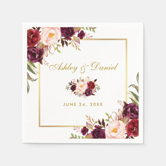 Serviette En Papier Aquarelle Bourgogne Floral Mariage or (Devant)