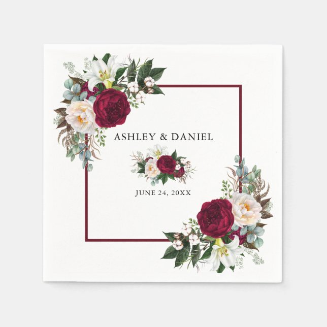 Serviette En Papier Aquarelle Bourgogne Flore Mariage B (Devant)