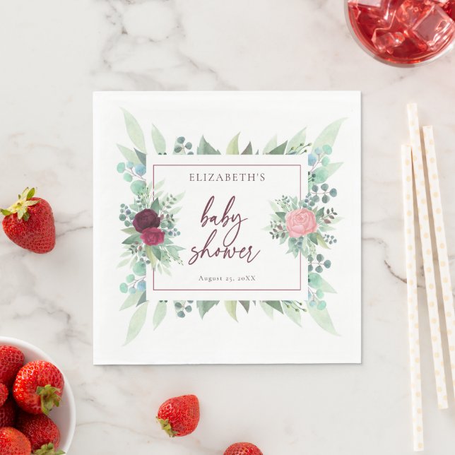 Serviette En Papier Aquarelle Bourgogne Marsala Baby shower Fleurs (En situation)