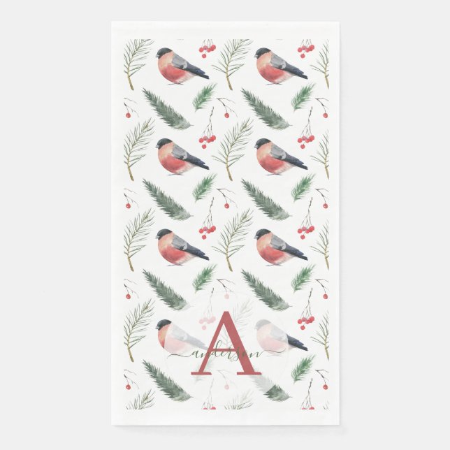 Serviette En Papier Aquarelle Bouvreuil Pin Épinette Monogramme Noël (Devant)