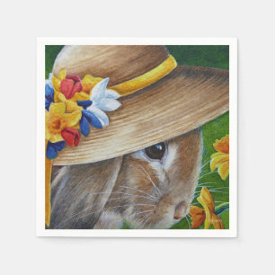 Serviette En Papier Aquarelle Brown Bonnet de printemps de lapin