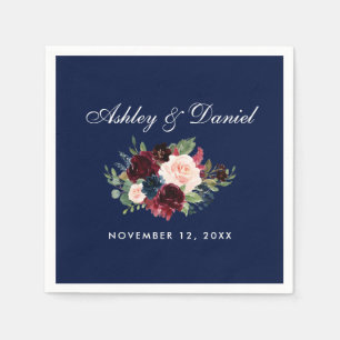 Serviette En Papier Aquarelle Burgundy Bleu Mariage Floral