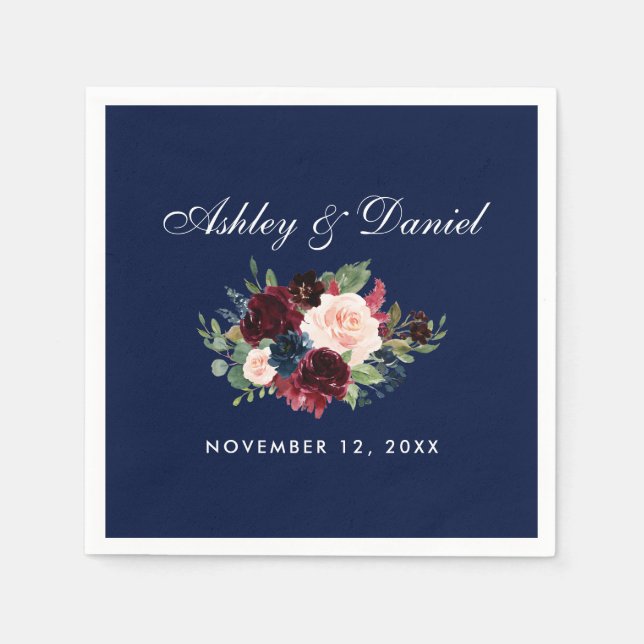 Serviette En Papier Aquarelle Burgundy Bleu Mariage Floral (Devant)