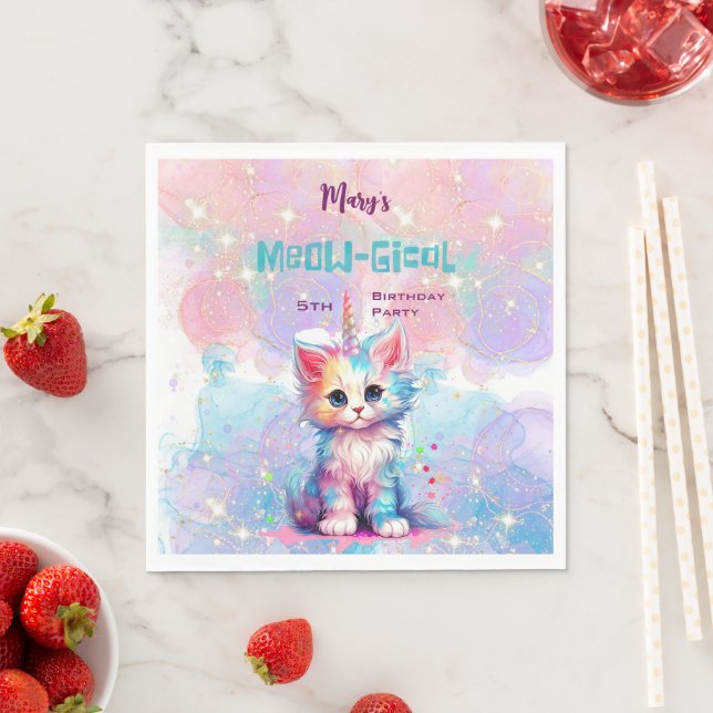 Serviette En Papier Aquarelle Caticorn Meow-Gical Anniversaire (En situation)