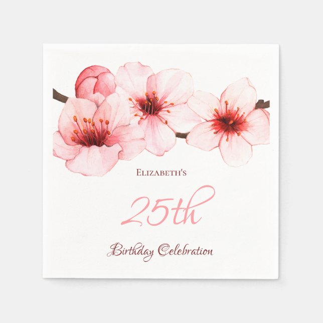 Serviette En Papier Aquarelle Cerisier Fleur Rose Blanc Anniversaire (Devant)
