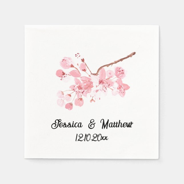 Serviette En Papier Aquarelle cerisier fleurs Mariages (Devant)