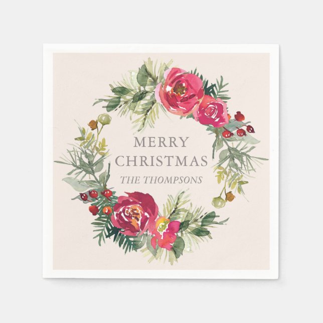 Serviette En Papier Aquarelle Chic Winter Floral Nom personnalisé (Devant)