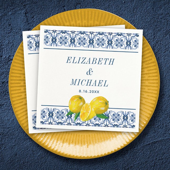Serviette En Papier Aquarelle Citron bleu italien Carrelage Mariage (An elegant Mediterranean lemon wedding napkin.)